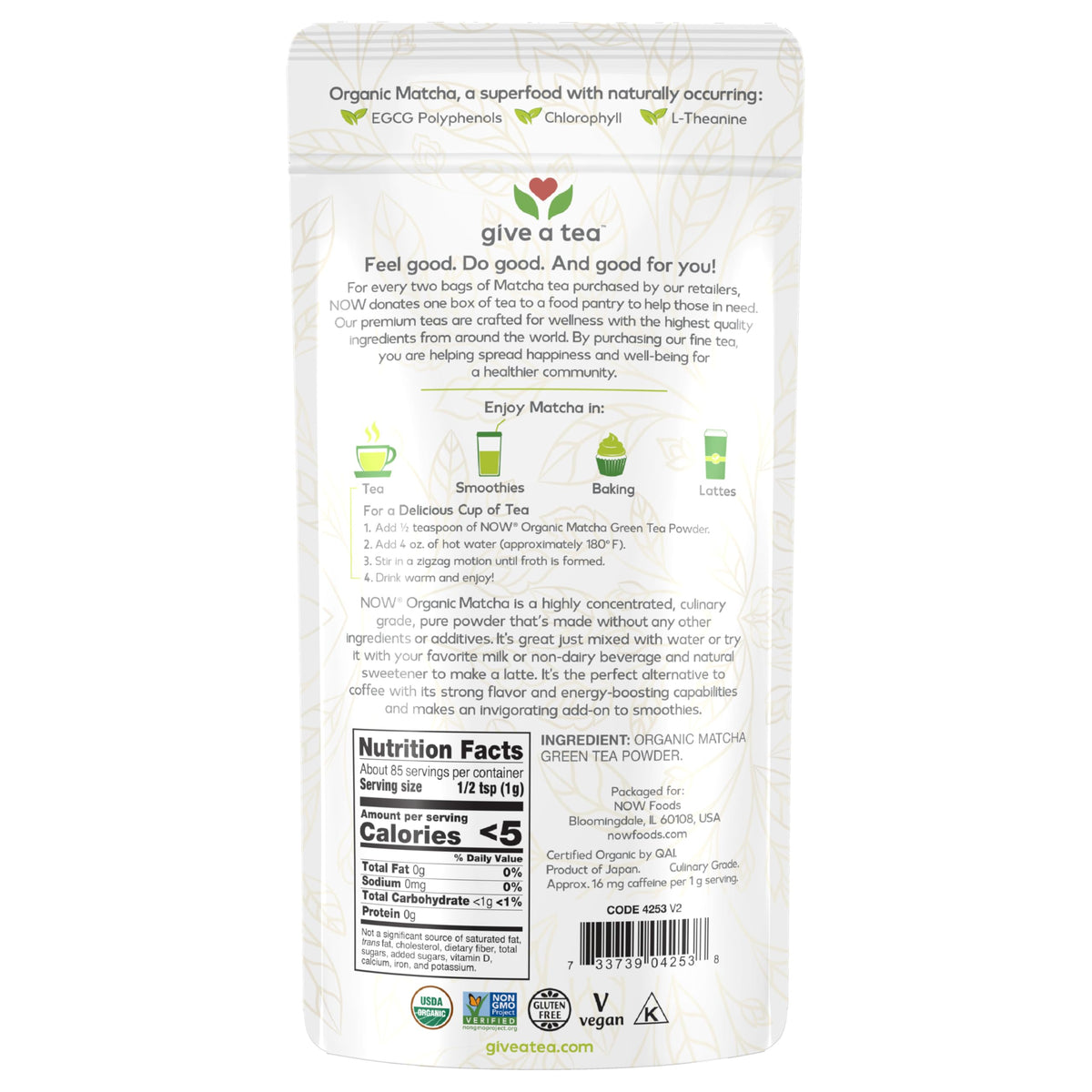NOW Foods Organic Matcha label with Organic and Non-GMO certifications