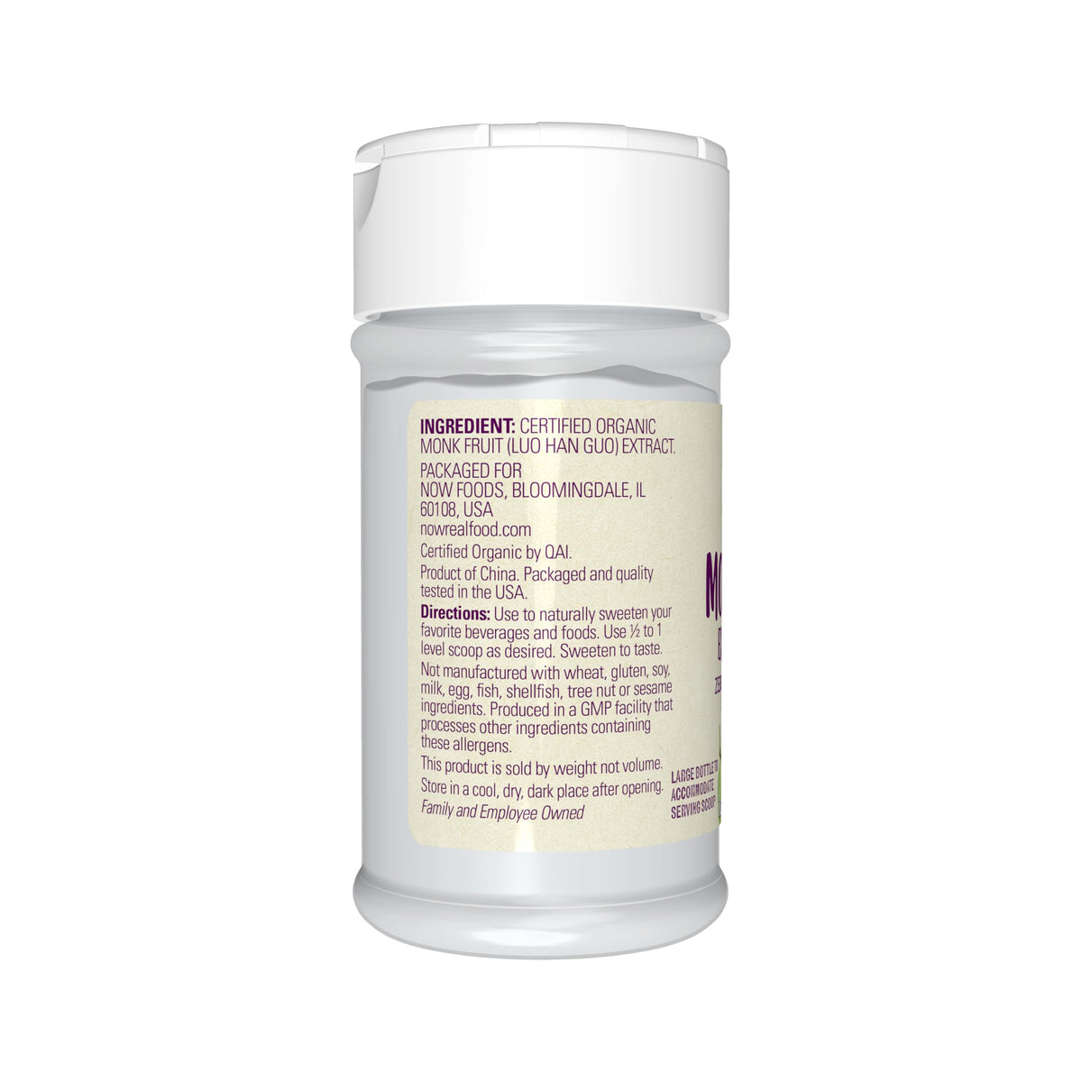 NOW Foods Organic Monk Fruit Powder container on a clean kitchen counter