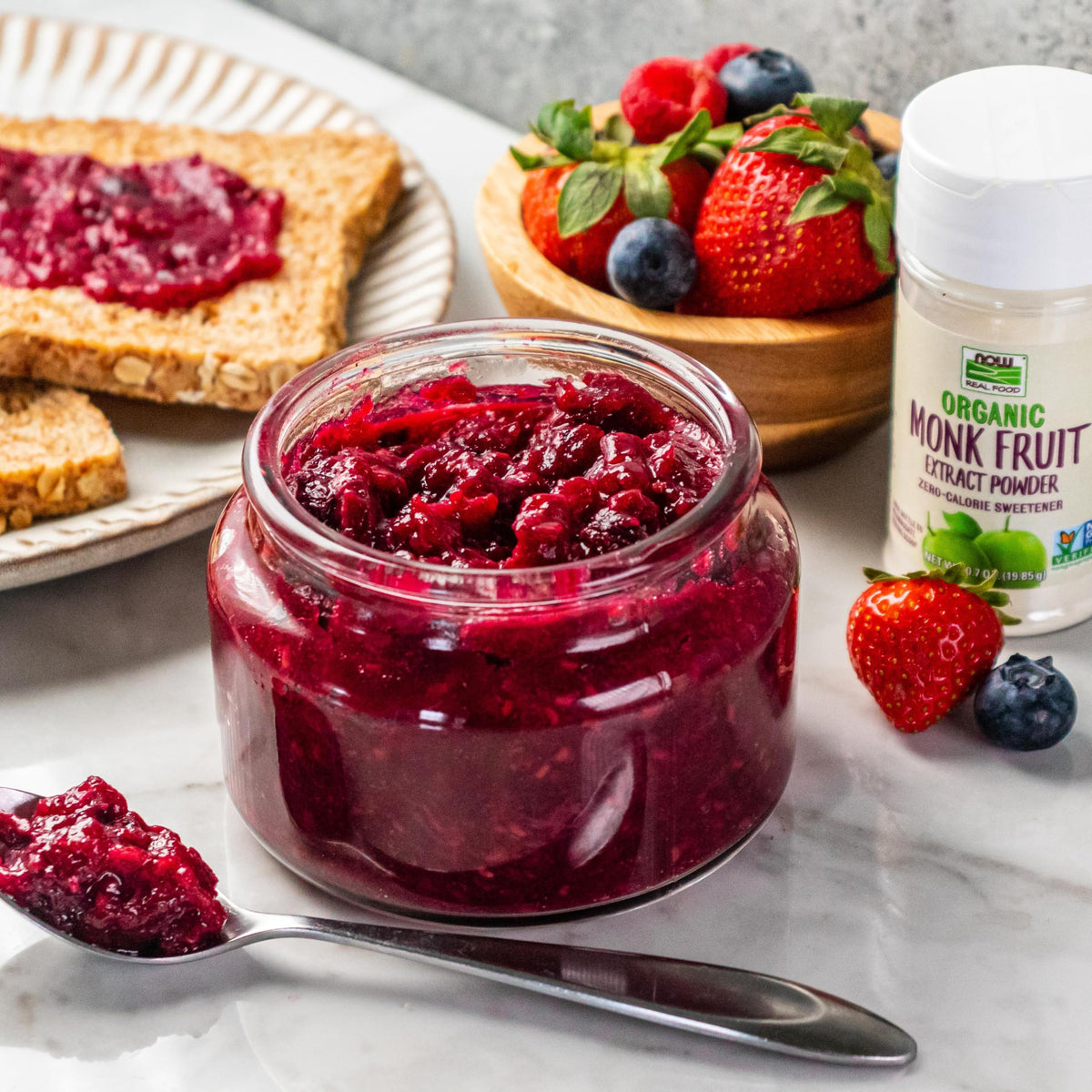 Organic Monk Fruit Powder bottle in a modern kitchen setting for healthy sweetening