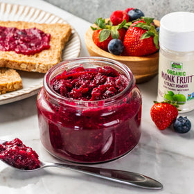 Organic Monk Fruit Powder bottle in a modern kitchen setting for healthy sweetening