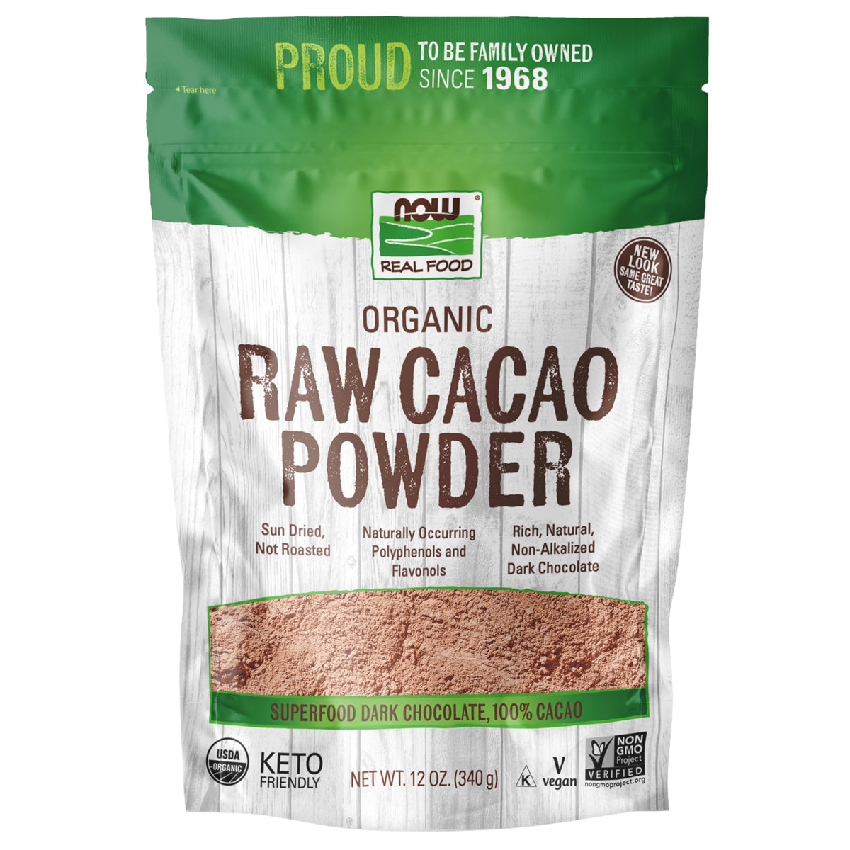 NOW Foods Organic Raw Cacao Powder with a scoop for rich recipes.