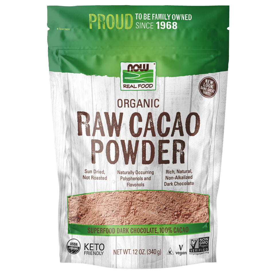NOW Foods Organic Raw Cacao Powder with a scoop for rich recipes.