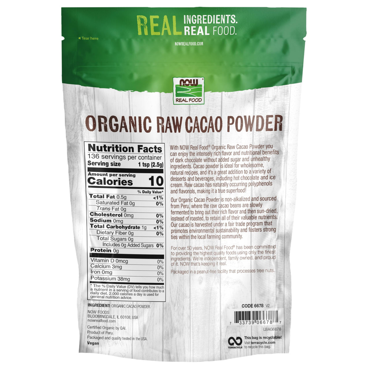 NOW Foods Peruvian sun-dried cacao powder in a jar preserves nutrients.