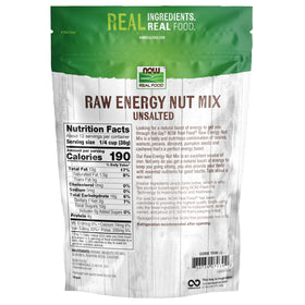 NOW Foods Raw Energy Nut Mix close-up of raisins, nuts and seeds highlighting protein-rich ingredients.