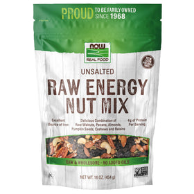 NOW Foods Raw Energy Nut Mix in a bowl, unsalted snack with iron-rich nutrition.
