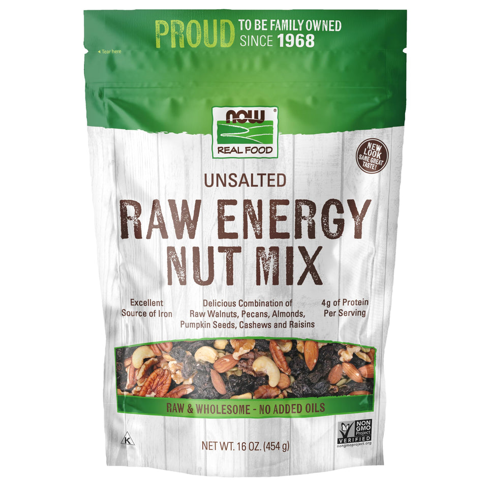 NOW Foods Raw Energy Nut Mix in a bowl, unsalted snack with iron-rich nutrition.