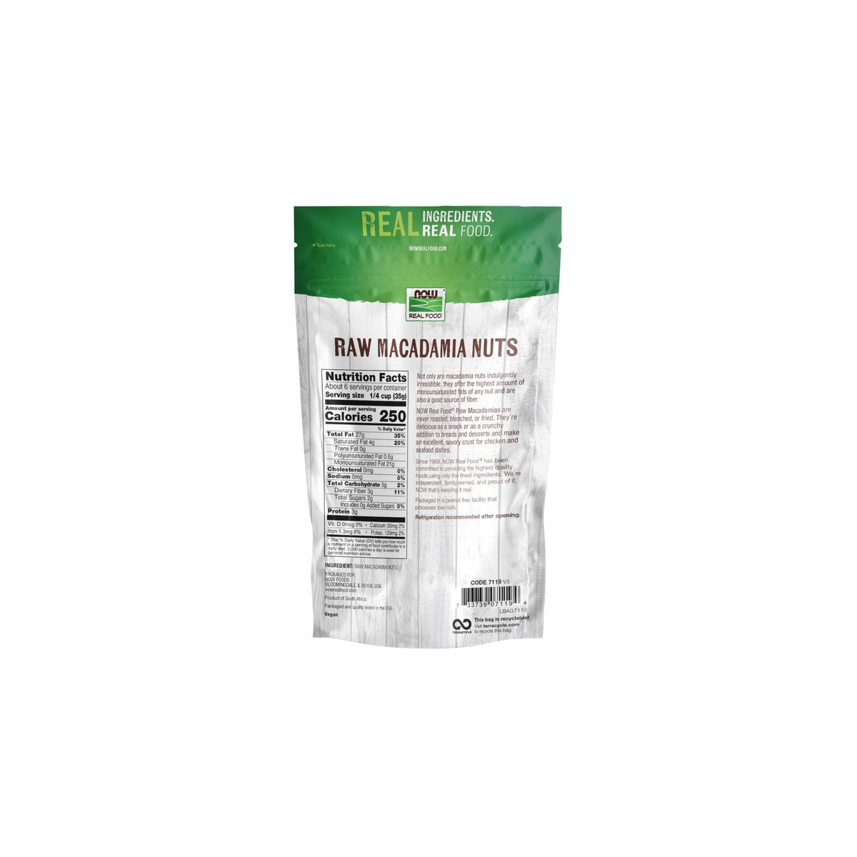 NOW Foods raw macadamias fiber source close-up, supports plant-based fiber intake.