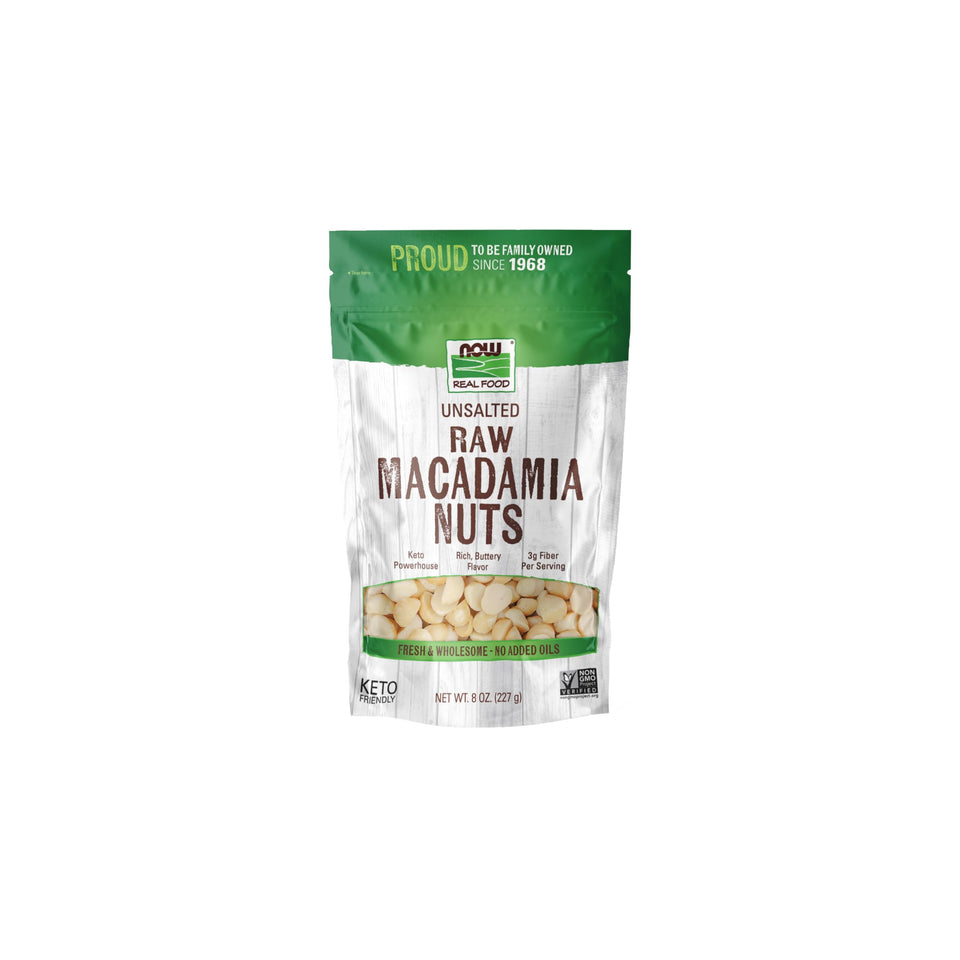NOW Foods raw macadamias unsalted close-up, premium monounsaturated fats for snacking.