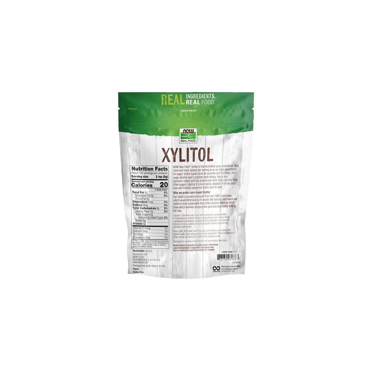 NOW Foods Xylitol powder bag, ideal for baking and sweetening beverages.