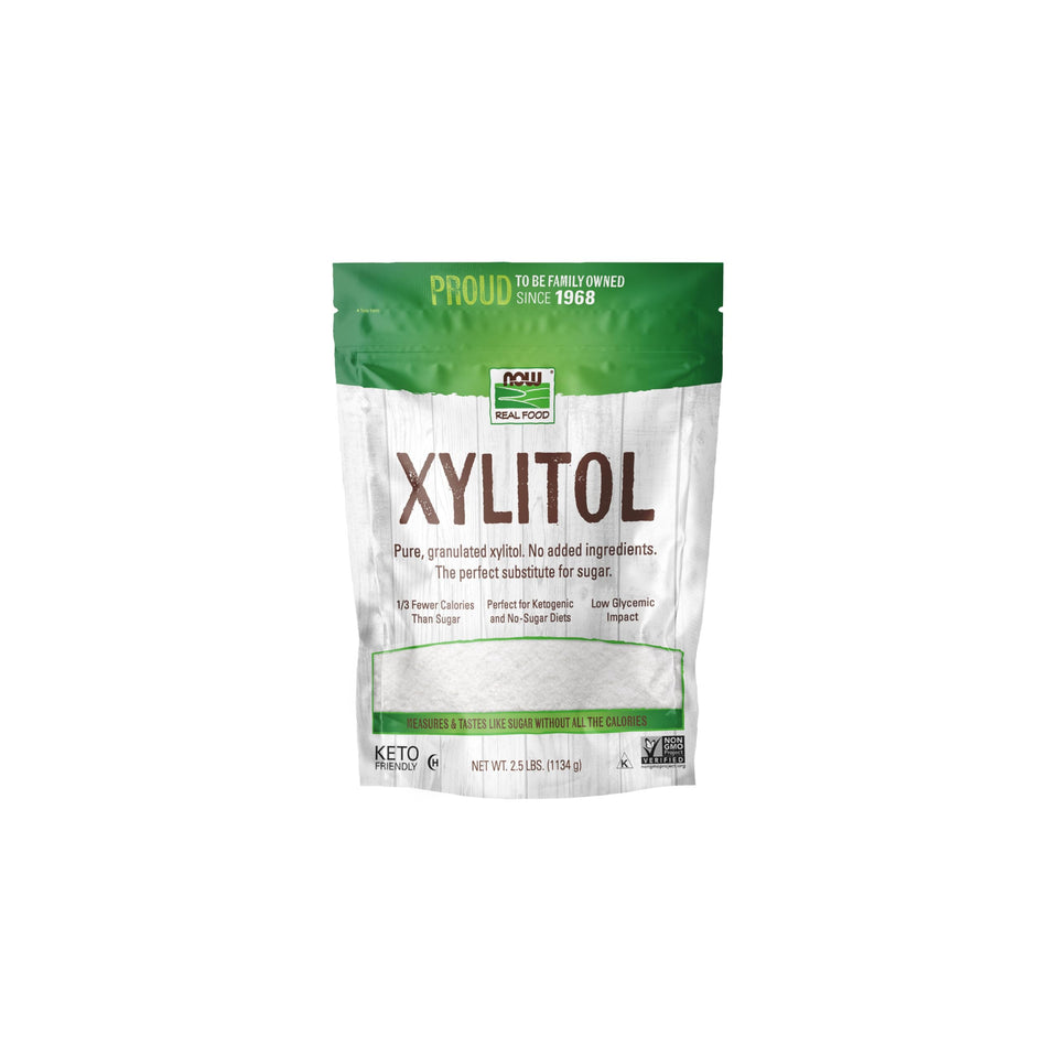 NOW Foods Xylitol packaging, pure sugar substitute with keto-friendly appeal.