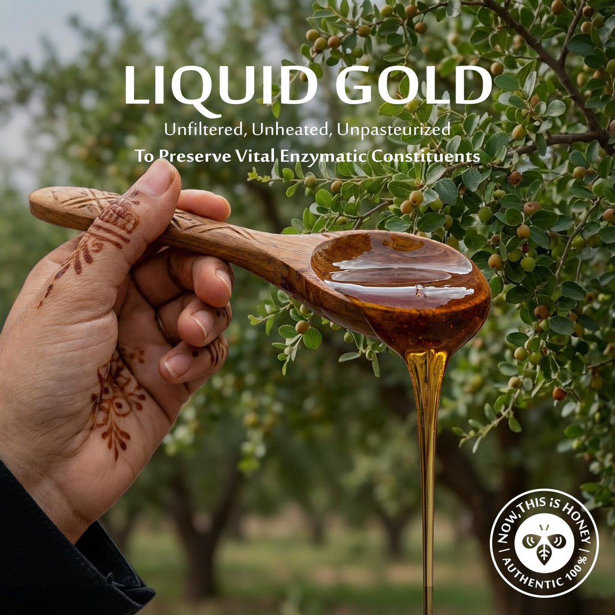 Now This Is Honey sidr honey drizzle spoon highlights smooth texture for everyday sweetness.