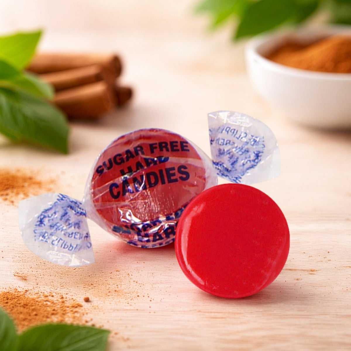 NOWDIET cinnamon discs closeup showing bold red color and spicy aroma