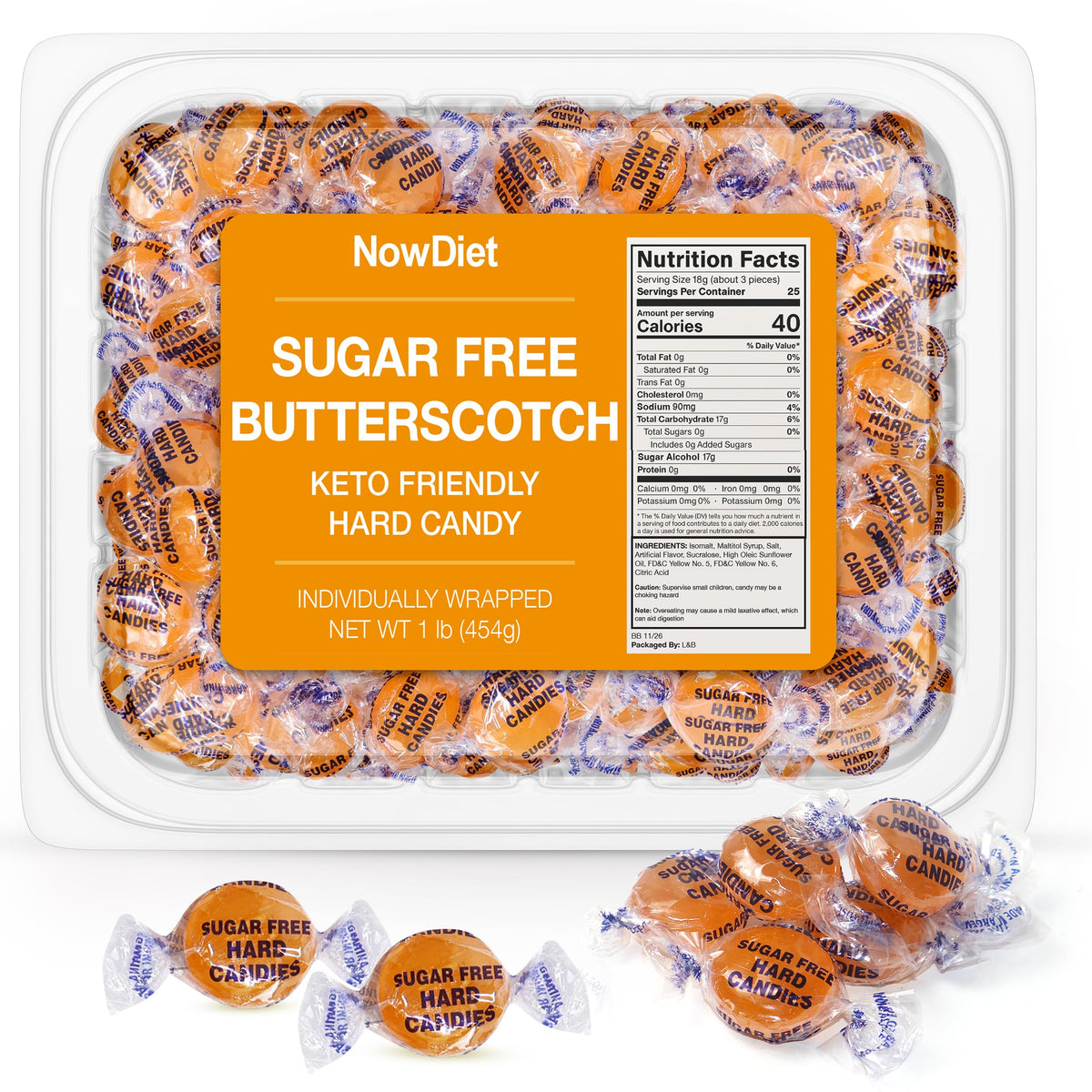 NOWDIET sugar free butterscotch hard candy in resealable container for on-the-go snacking