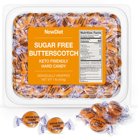 NOWDIET sugar free butterscotch hard candy in resealable container for on-the-go snacking