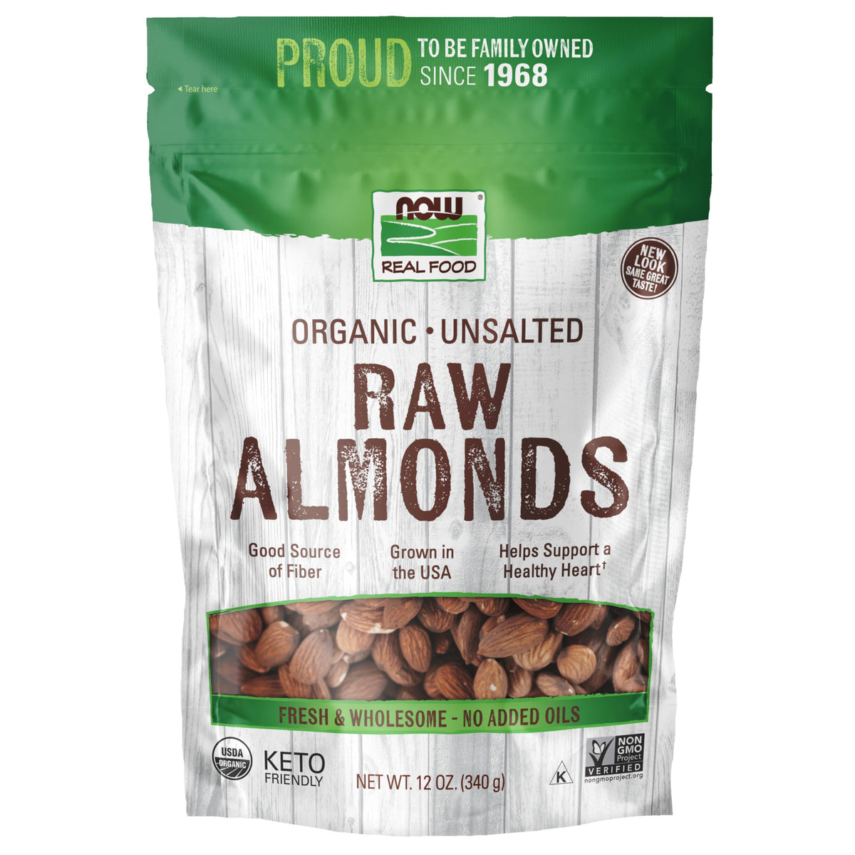 NOW Foods Organic Almonds, raw and unsalted in a bag, ideal for versatile snacking.