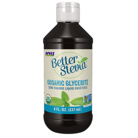 NOW Foods BetterStevia Organic Glycerite bottle front view for zero-calorie sweetness