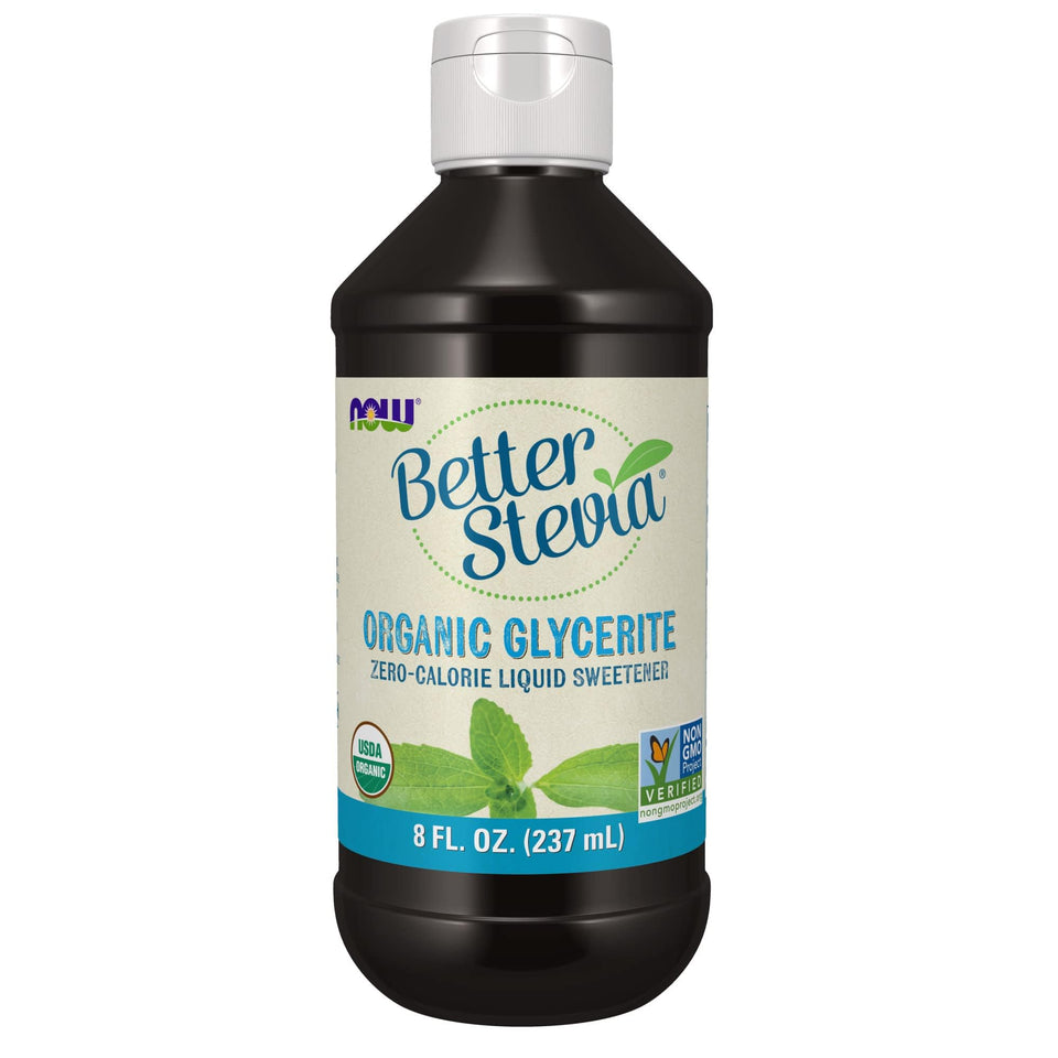 NOW Foods BetterStevia Organic Glycerite bottle front view for zero-calorie sweetness