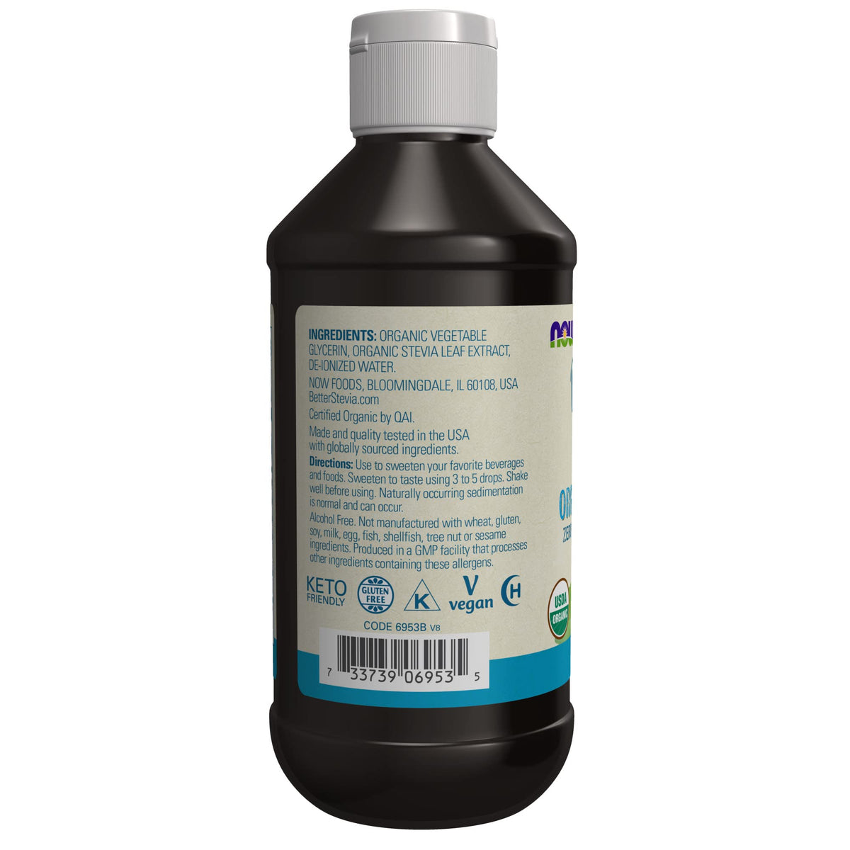 NOW Foods BetterStevia glycerite label close-up showing USDA Organic and Non-GMO