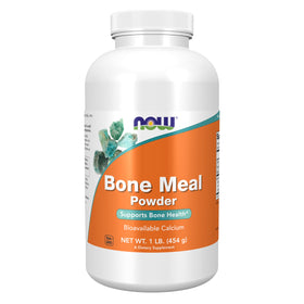 NOW Foods Bone Meal Powder bottle with two 1-lb packs, convenient mineral source for daily use.