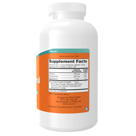 NOW Foods Bone Meal Powder packaging closeup, showcasing sterilized mineral source and testing.