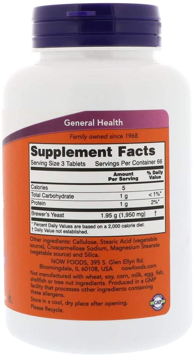 NOW Foods Brewer's Yeast 650 mg bottle side view showing packaging and dosage.