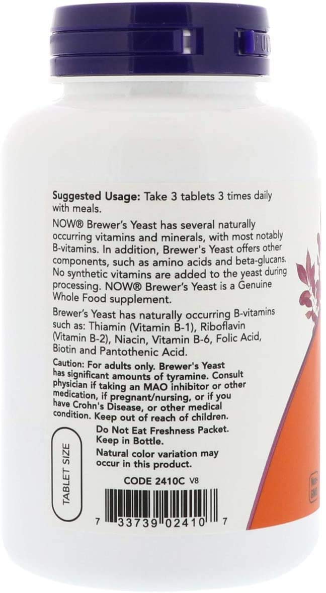 Close-up of NOW Foods 650 mg brewer's yeast tablets, easy to swallow.