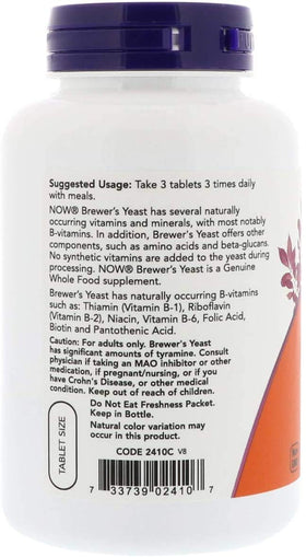 Close-up of NOW Foods 650 mg brewer's yeast tablets, easy to swallow.