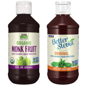 NOW Foods Organic Monk Fruit Liquid bottle offers clean, zero-calorie sweetness for beverages