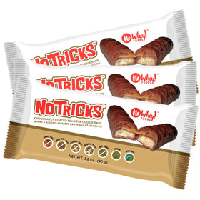 No Whey! Foods No Tricks Caramel Cookie Bars 3 Pack packaging highlights allergen-free snack convenience.