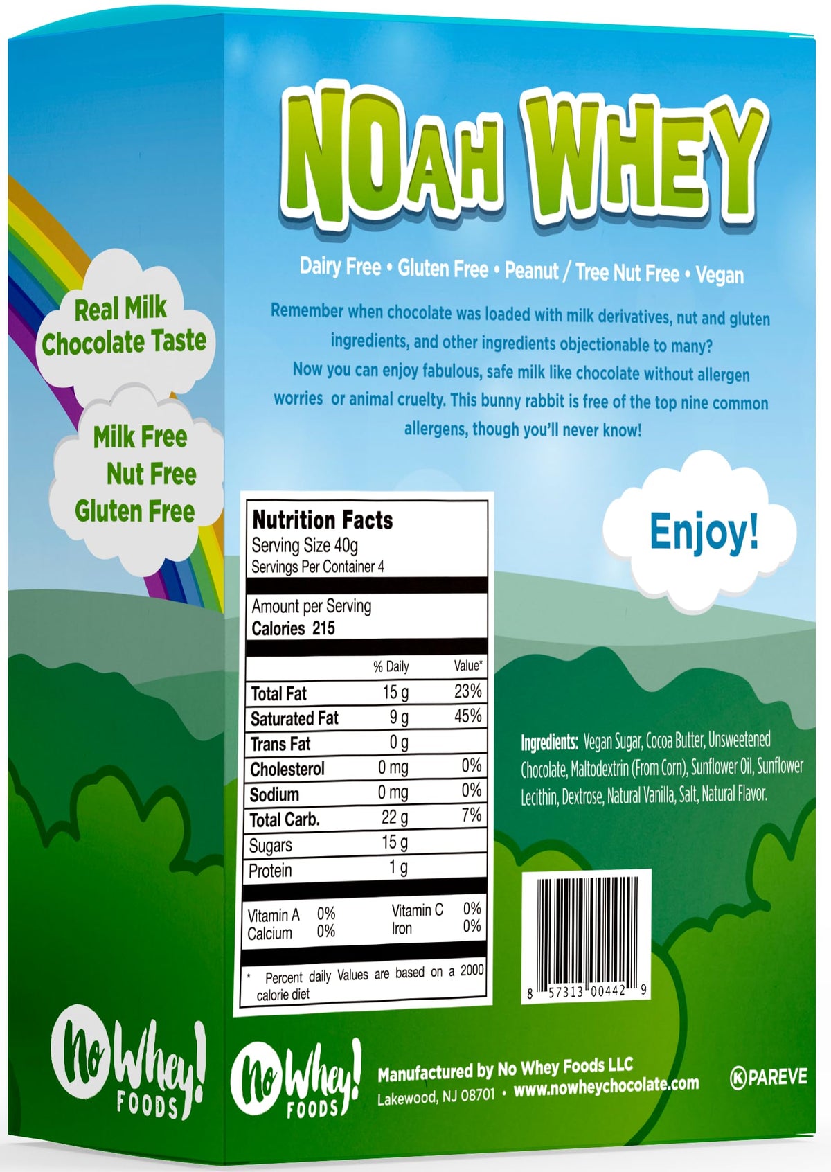 No Whey! Noah smooth milkless chocolate texture with creamy melt.