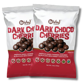 No Whey Foods Chocolate Cherries 2-pack packaging, dairy-free and allergen-friendly.