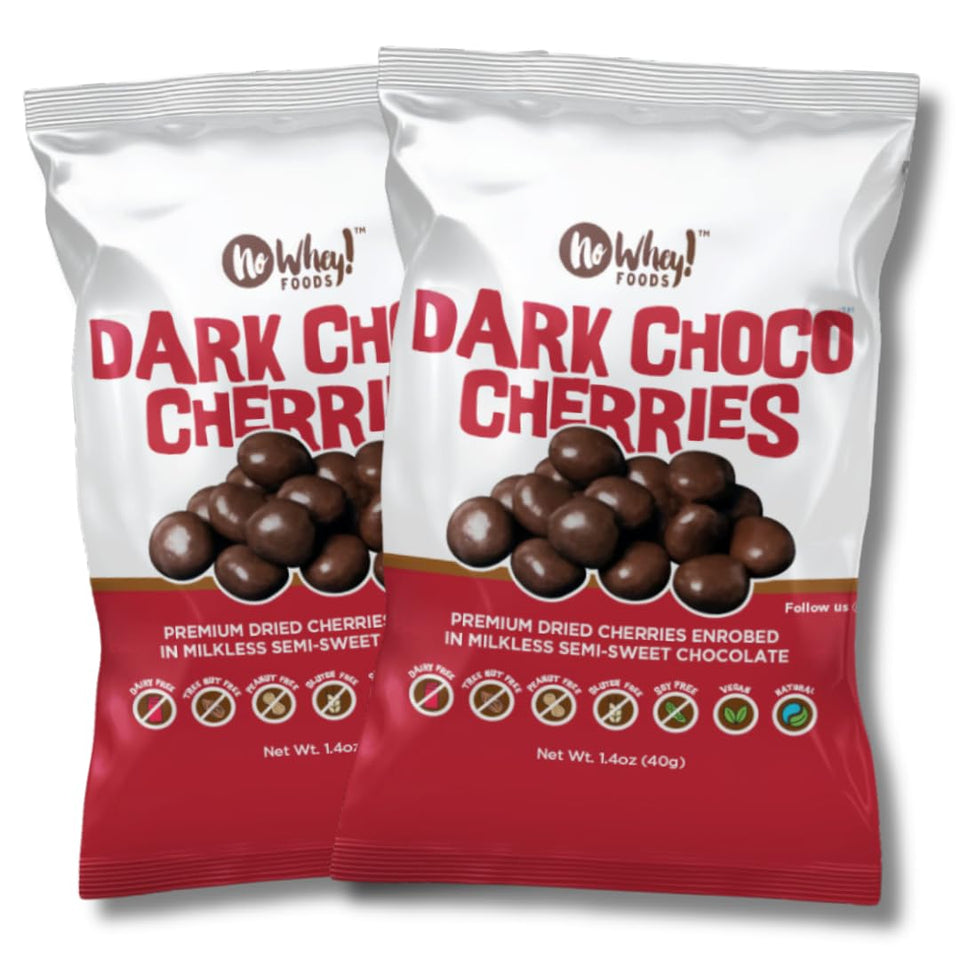 No Whey Foods Chocolate Cherries 2-pack packaging, dairy-free and allergen-friendly.