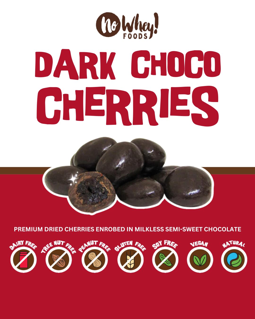 No Whey Foods Chocolate Cherries close-up of chocolate and cherries for allergy-friendly snacking.