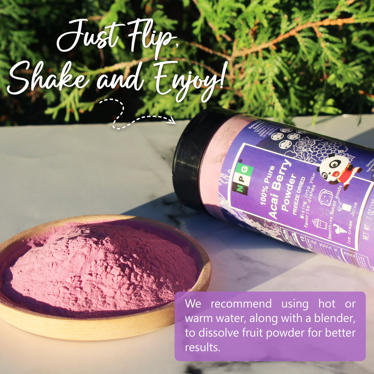 NPG Acai powder showing vibrant purple color in beverages.