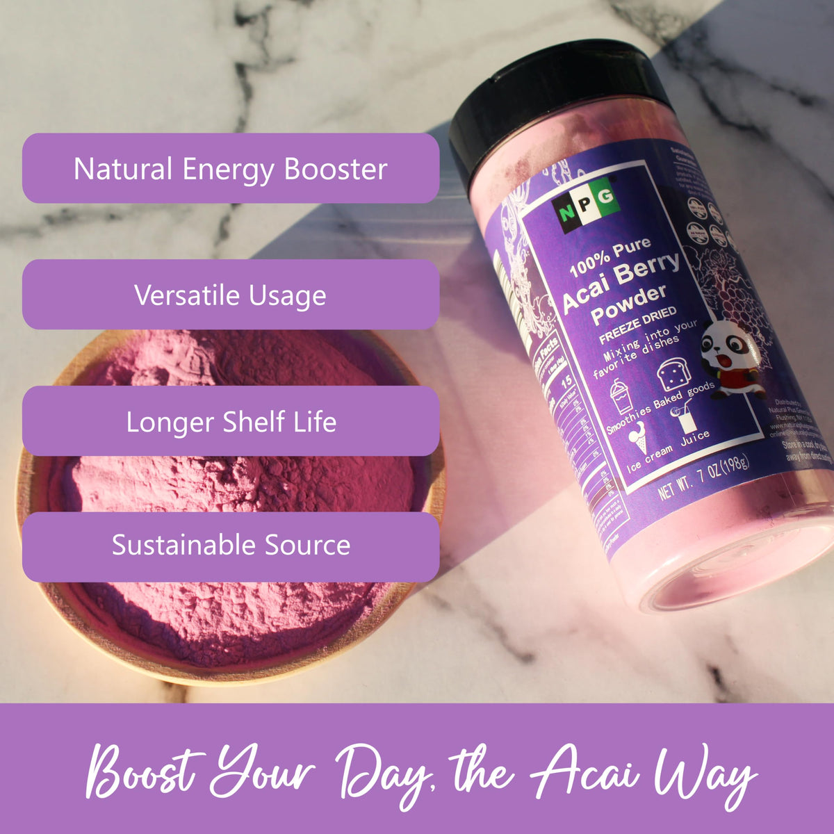 NPG Acai powder in a smoothie preparation scene for quick flavor boosts.
