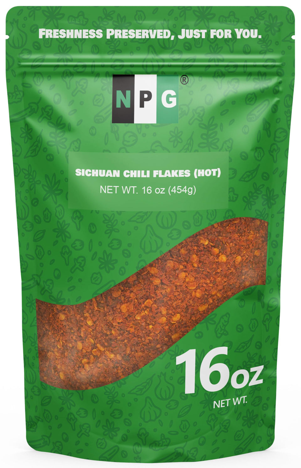 NPG Authentic Sichuan chili flakes pour from a bottle, adding bold heat to dishes.