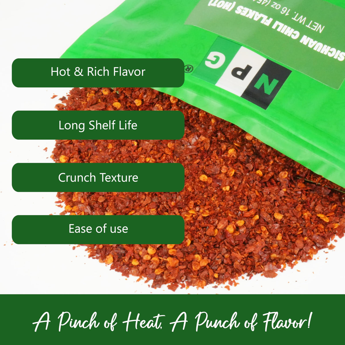 NPG Authentic Sichuan chili flakes pizza topping adds bright, spicy kick.