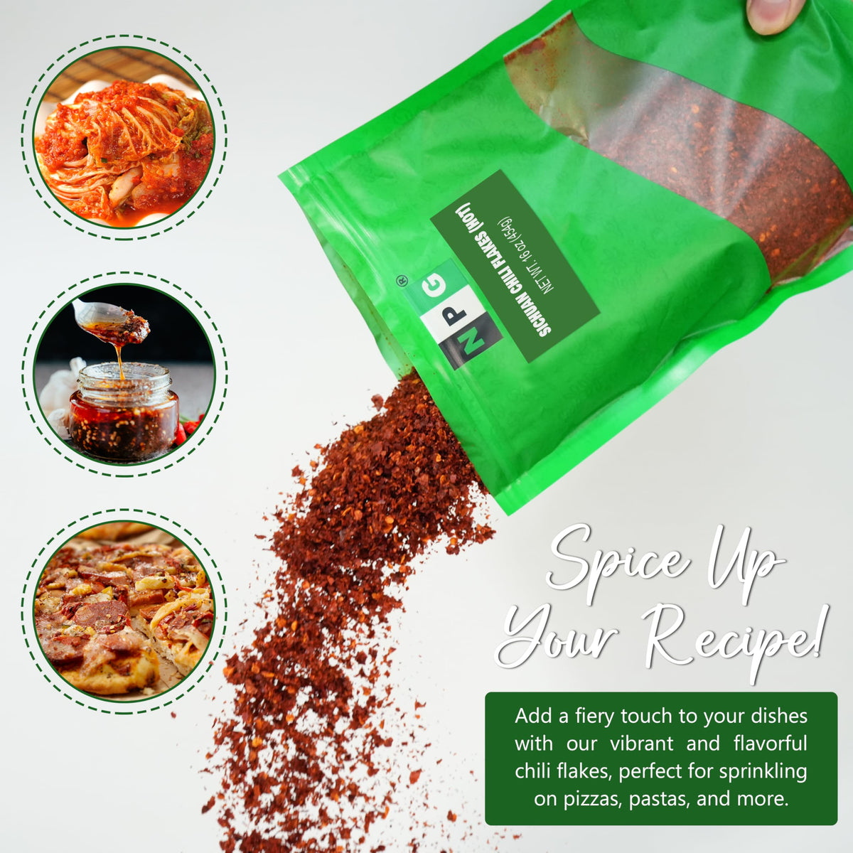 NPG Authentic Sichuan chili flakes resealable bag keeps freshness for weeknight cooking.