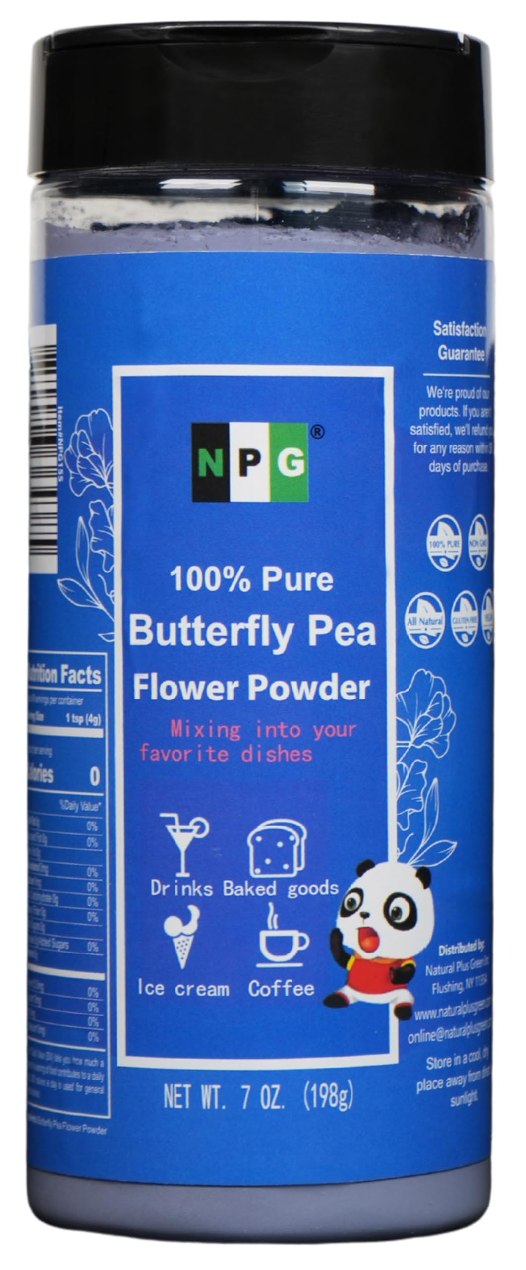 NPG blue butterfly pea powder bottle showing pure, GMO-free pigment for versatile use