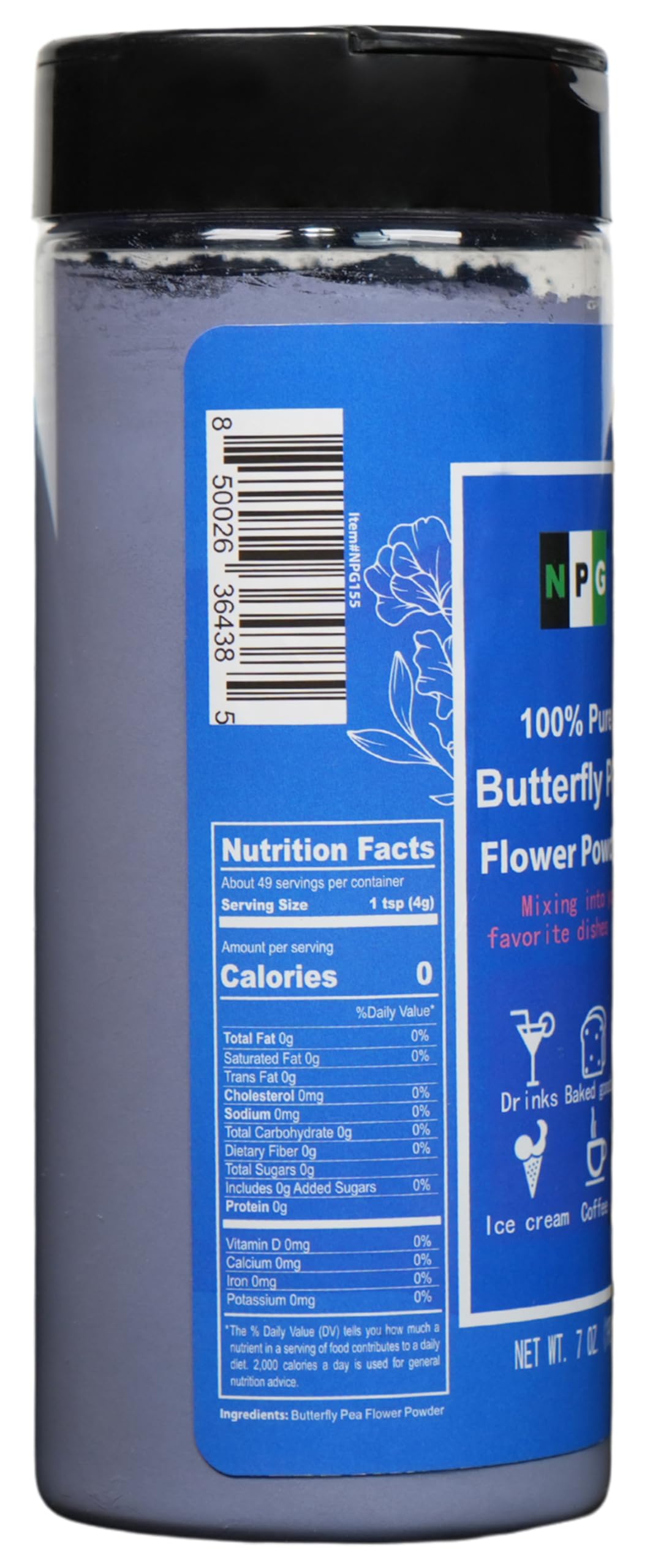 NPG butterfly pea powder scoop highlighting easy measure-and-mix for drinks and recipes