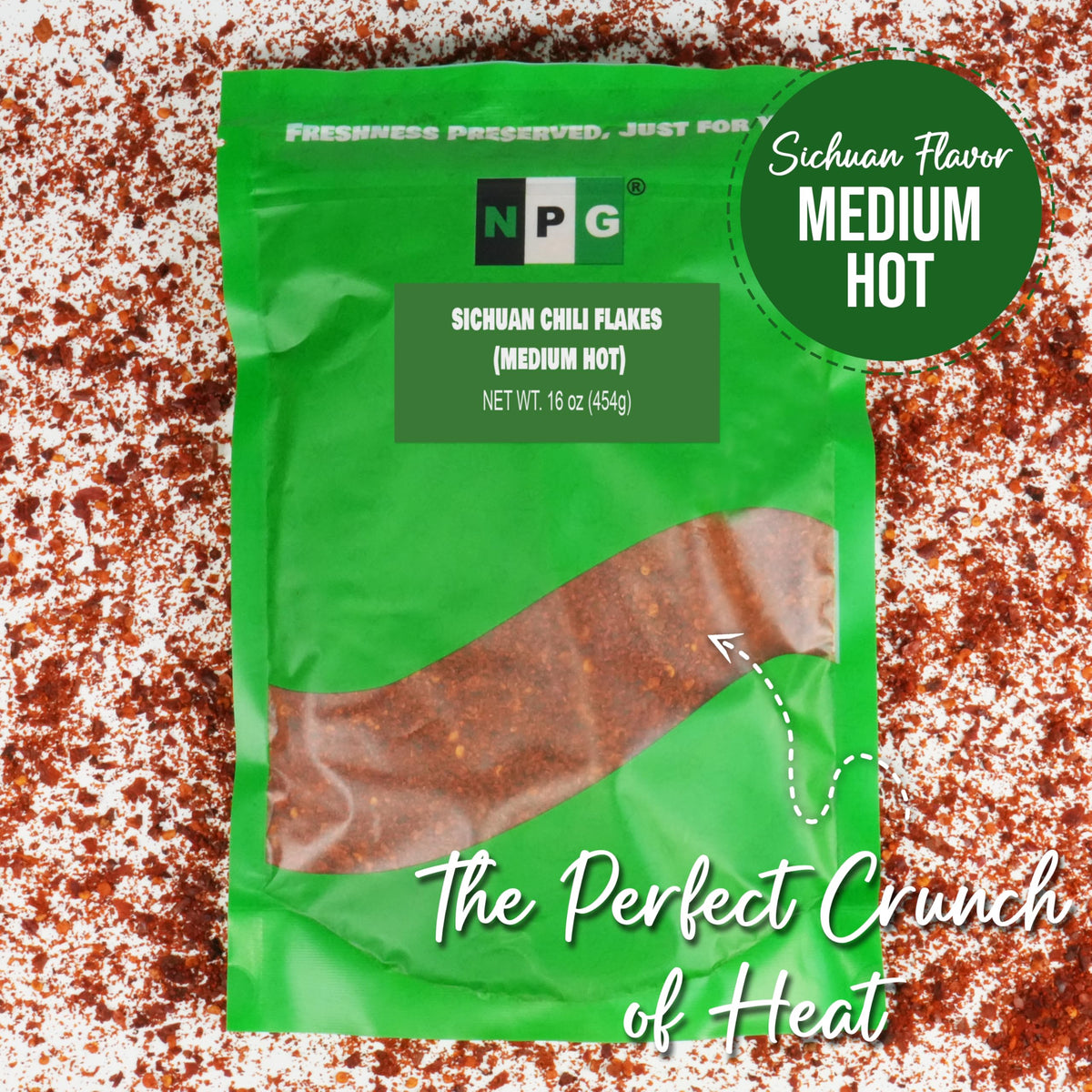 NPG bulk chili flakes in resealable bag stay fresh between uses
