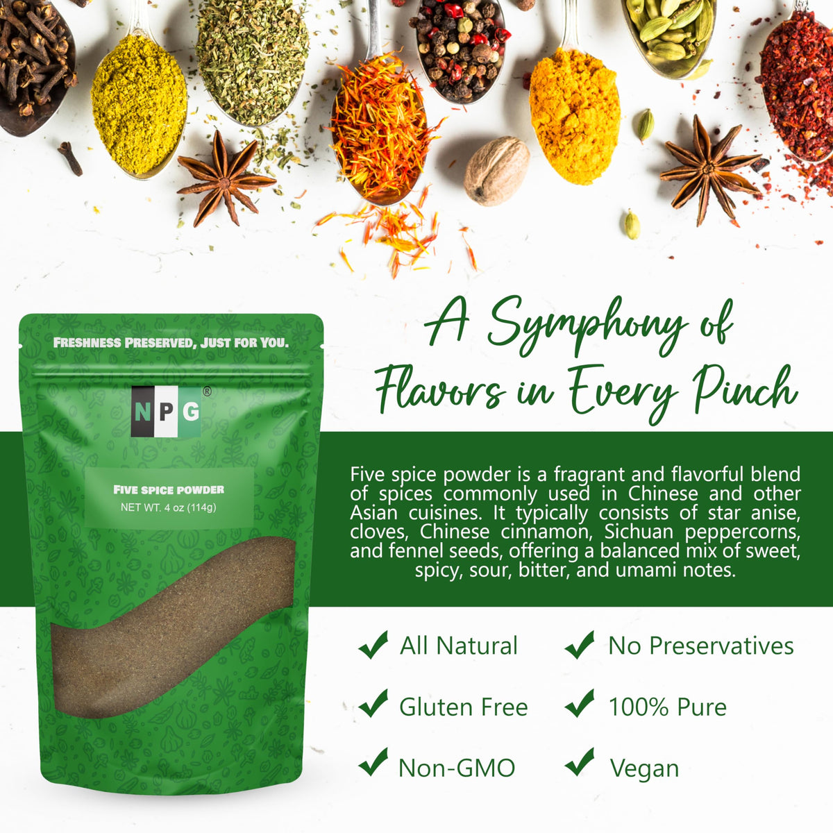 NPG packaging emphasizes natural gluten-free seasoning with no artificial additives