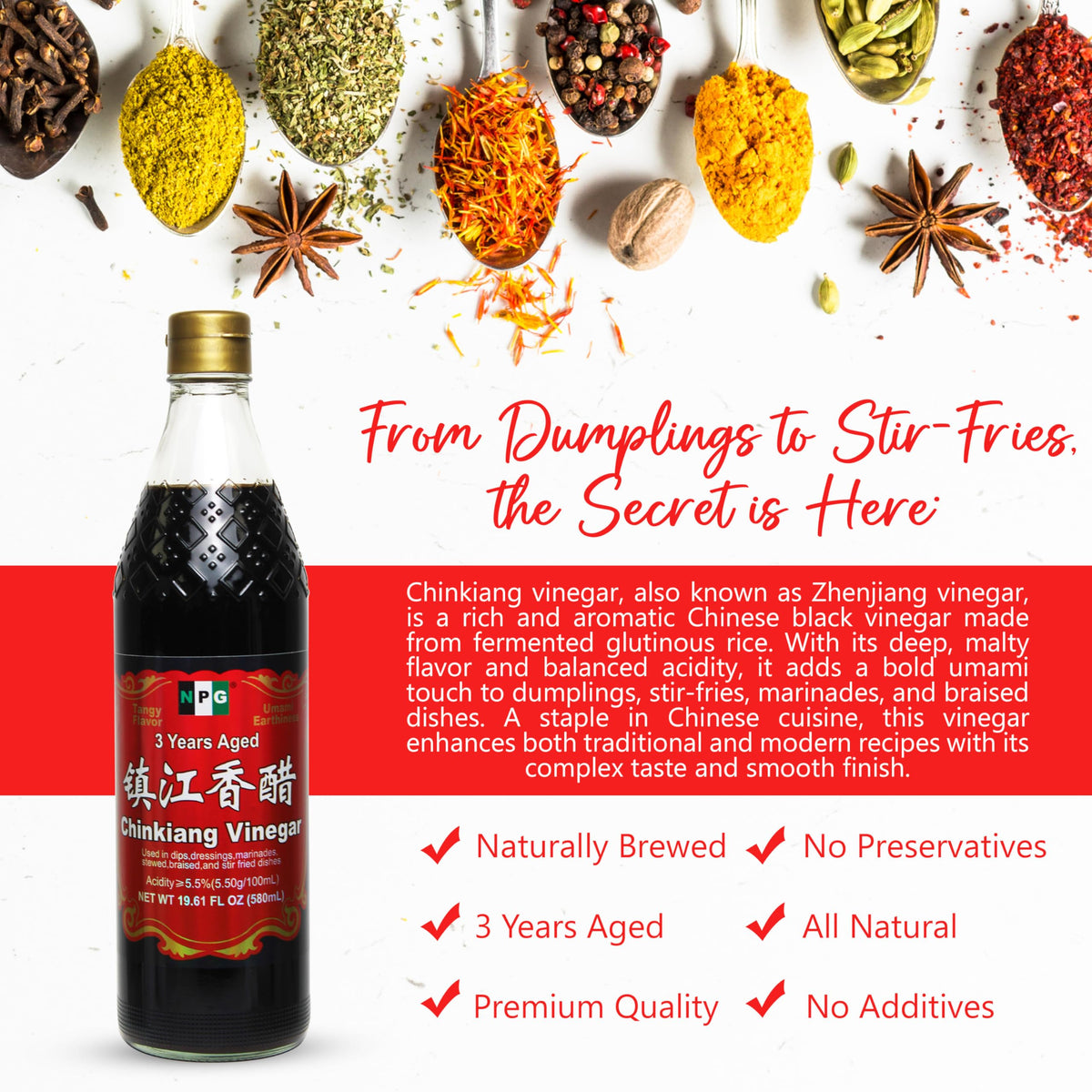 NPG Chinkiang vinegar back label showing aging notes.