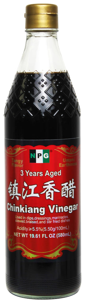 NPG Chinkiang vinegar bottle front view, ideal for dumplings and sauces.