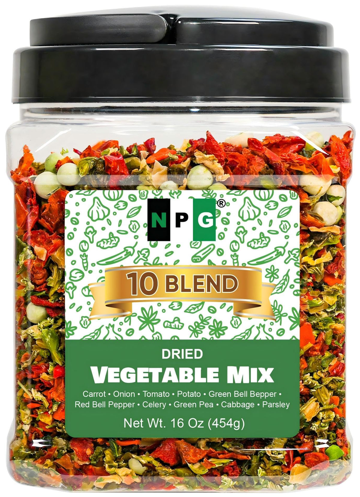 Natural Plus Green NPG dried vegetable mix in bulk container for easy meal prep