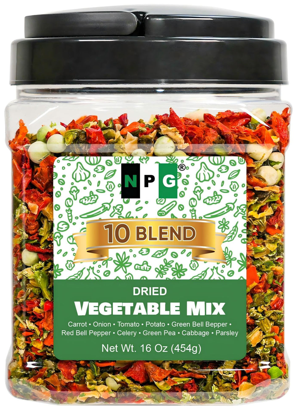 Natural Plus Green NPG dried vegetable mix in bulk container for easy meal prep