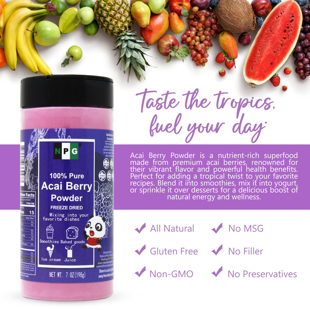 NPG Acai powder colorant for natural recipes and color boosts.