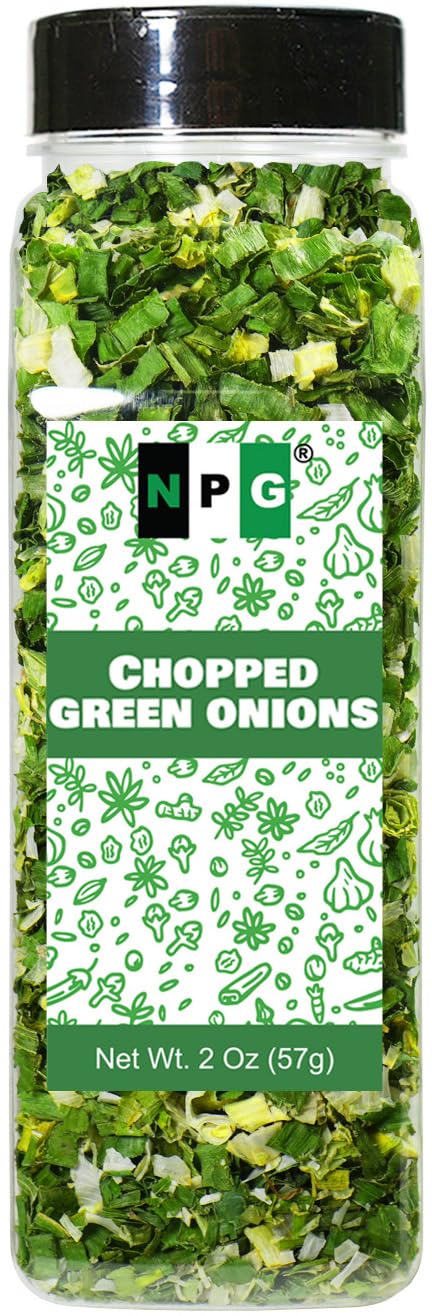 NPG freeze-dried green onions bottle pour for quick, flavorful seasoning.