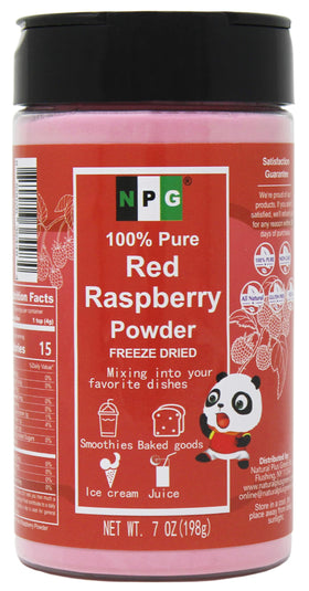 NPG freeze-dried red raspberry juice powder in a 7oz jar showing pure flavor and natural color.
