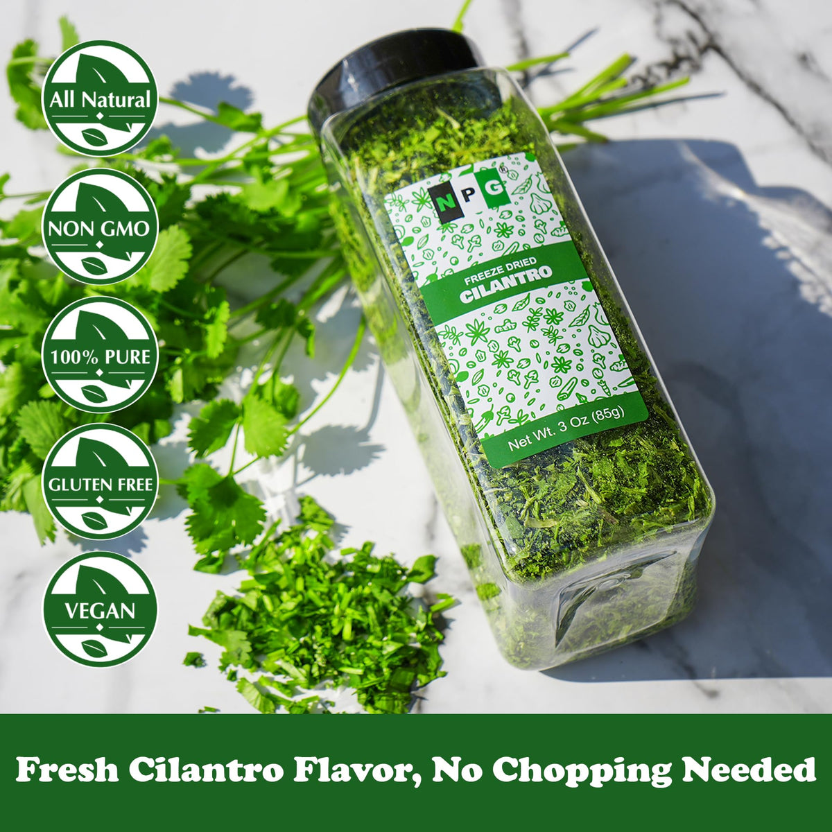 NPG cilantro garnish on tacos and guacamole highlights fresh herbs.